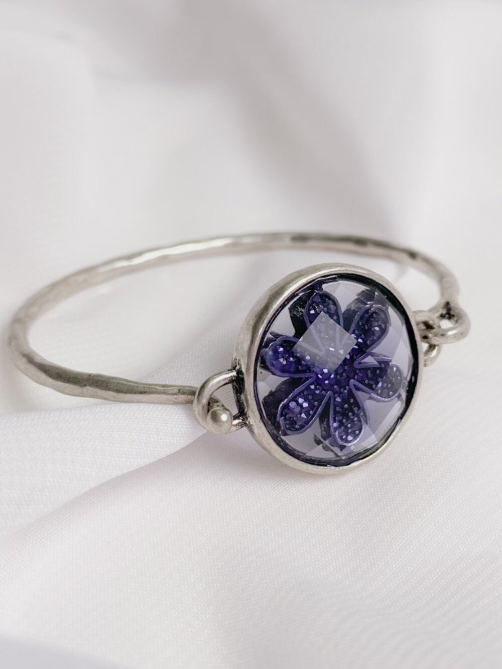 Lucky Brand Purple Crystal Flower Round Jewel Gem Boho Silver Bangle Bracelet - Picture 2 of 10